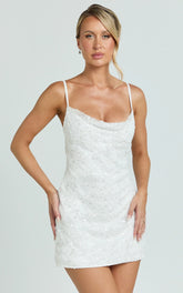 Alana Mini Dress - Sequin Lace Cowl Neck Dress in White