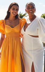 Raiza Midi Dress - Shirred Waist Puff Sleeve Dress in MARIGOLD