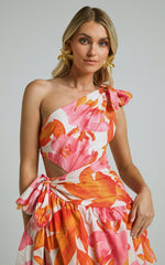 Honolulu Midi Dress - One Shoulder Tiered Dress in Orange Floral