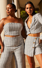 Icie Pants - High Waisted Tweed Wide Leg Pants in White & Black