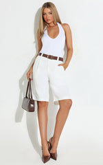 Nola Shorts - Mid Waist Bermuda Relaxed Fit Shorts in White