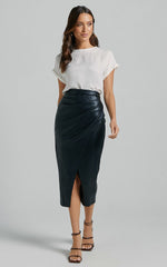Gena Midi Skirt - Split Faux Leather Skirt in Black