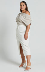 Janeve Midi Skirt - Front Split Denim Skirt in Ecru