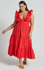 Levona Midi Dress - Ruffle Shoulder Tiered Dress in Cherry Tomato