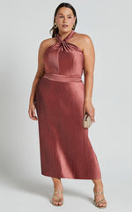 Marlette Midi Dress - Pleated Open Back Halter Dress in Rust
