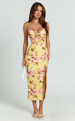 Janice Midi Dress - Knot Detail Front Split Dress in Sunshine Floral