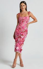 Jamich Midi Dress - Straight Neck Tie Strap Pencil Dress in Magenta