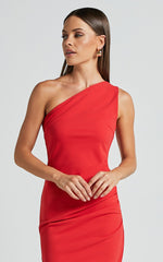 Monette Midi Dress - One Shoulder Straight Dress in Orange Red