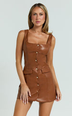 Nami Mini Dress - Faux Leather Square Neck Gold Button Dress in Camel