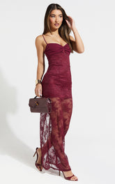 Felicia Maxi Dress - Sweetheart Neck Lace Bodycon Dress in Red