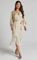 Harlen Midi Dress - V Neck 3/4 Sleeve Asymmetric Fringe Hem Wrap Dress in Champagne