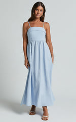 Carlyn Midi Dress - Linen Detachable Straps in Blue