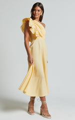 Dixie Midi Dress - Linen Look One Shoulder Ruffle Dress in Lemon