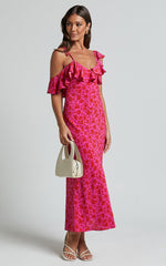 Giulia Midi Dress - One Shoulder Frill Detail Dress in Pink Floral
