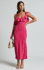 Giulia Midi Dress - One Shoulder Frill Detail Dress in Pink Floral