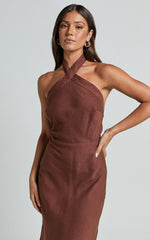 Maelynn Midi Dress - Linen Twist Halter Neck Low Back Slip Dress in Chocolate