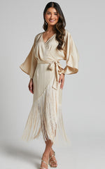 Harlen Midi Dress - V Neck 3/4 Sleeve Asymmetric Fringe Hem Wrap Dress in Champagne