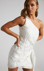 Brailey Mini Dress - One Shoulder Wrap Front Dress in White Jacquard