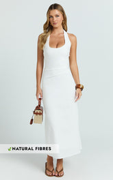 Murray Midi Dress - Deep U Halter Neck Dress in White