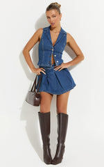 Nikita Mini Skirt - Mid Waisted Denim Box Pleat Skirt in Dark Blue Wash