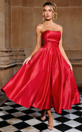 Helaina Midi Dress - Line Satin Dress in Red