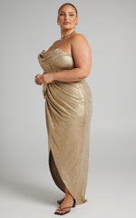 Adrie Midi Dress - Strapless Corset Bodice Dress in Gold