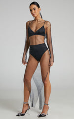 Hanica Midi Dress - Diamante Mesh Long Sleeve Dress in Black