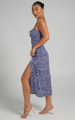 Willa Midi Dress - Ruched Bust Thigh Split Dress in Blue Floral