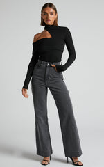 Kiefer Top - Asymmetric Long Sleeve Cutout Top in Black