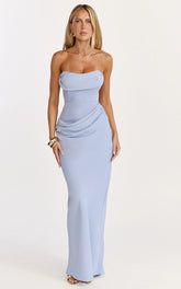 Phoebe Maxi Dress - Strapless Structured Bodice Drape Skirt Dress in Soft Blue