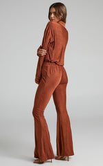 Rosamund Pants - High Waisted Crinkle Flared Pants in Clay