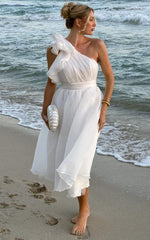 Tia Midi Dress - One Shoulder Frill Detail Fit & Flare Dress in White