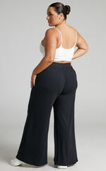 Amalthea Pants - High Waisted Jersey Rib Wide Leg Pants in Black