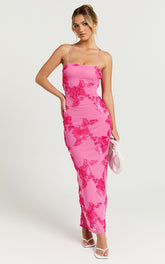 Mina Midi Dress - Embroidered Mesh Dress in Pink