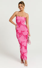 Mina Midi Dress - Embroidered Mesh Dress in Pink