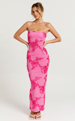 Mina Midi Dress - Embroidered Mesh Dress in Pink