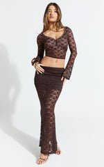 Viola Maxi Skirt - Lace Sheer Bodycon Skirt in Chocolate