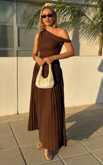 Yvonne Maxi Dress - Pleat Skirt Tip Shoulder Ruched Dress in Chocolate