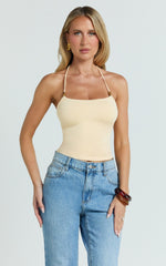 Abbey Top - Beaded Halter Neck Top in Pastel Yellow