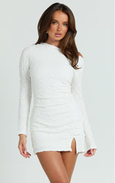 Abbie Mini Dress - Textured Jersey Tip Shoulder Ruched Bodycon Dress in White