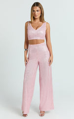 Abela Two Piece Set - Crop Top and Wide Leg Pants Set in Pink Sequin