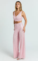 Abela Two Piece Set - Crop Top and Wide Leg Pants Set in Pink Sequin