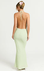 Ada Maxi Dress - Halter Plunge Textured Jersey Open Back Dress in Green
