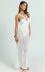 Adalia Maxi Dress - Strappy Hardware Rosette Trim Jersey Bodysuit Crochet Column Skirt Dress in Off White