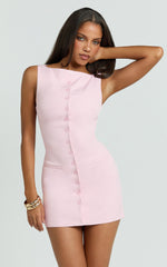 Adela Mini Dress - Mock Button Thru Boat Neck Dress in Pale Pink