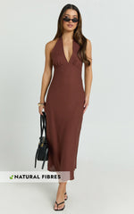 Adele Midi Dress - Halter Plunge Bias Cut Dress in Chocolate