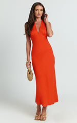 Adele Midi Dress - Halter Plunge Bias Cut Dress in Orange