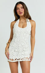 Adessa Mini Dress - Halter Neck Fitted Crochet Dress in White