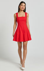 Adiana Mini Dress - Linen Square Neck Shirred Back A Line Dress in Red