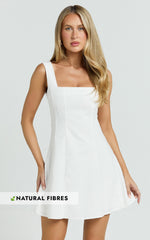 Adiana Mini Dress - Linen Square Neck Shirred Back A Line Dress in Off White